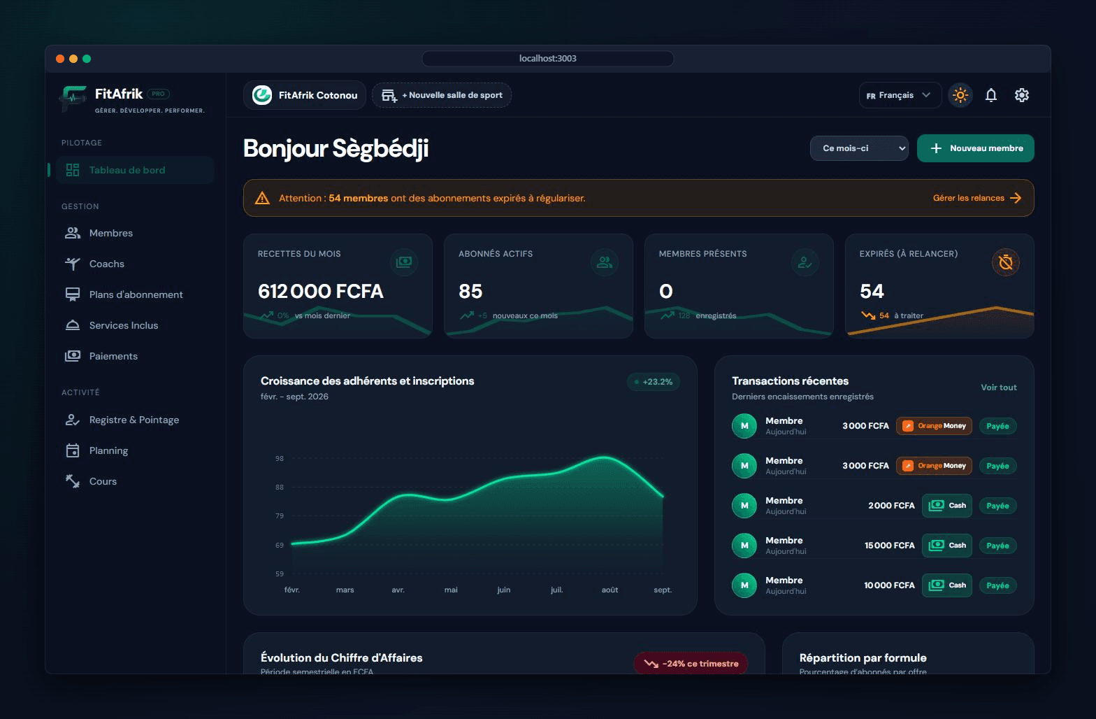 Interface du logiciel de gestion de salle de sport FitAfrik PRO (Mode Sombre)