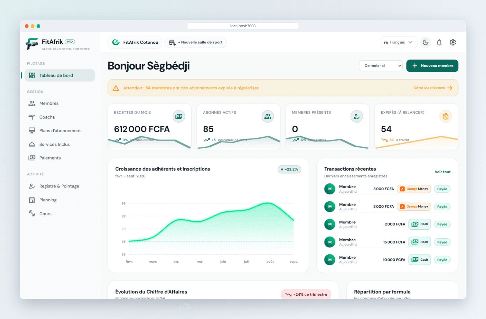 Interface du logiciel de gestion de salle de sport FitAfrik PRO (Mode Clair)